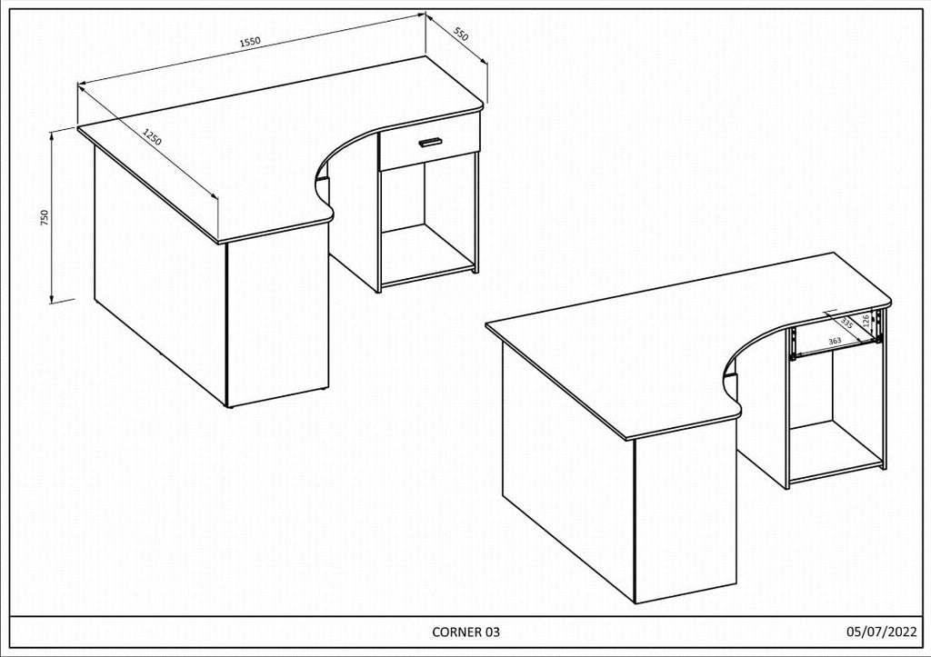 Corner Desk 155cm [Oak] - Dimensions Image