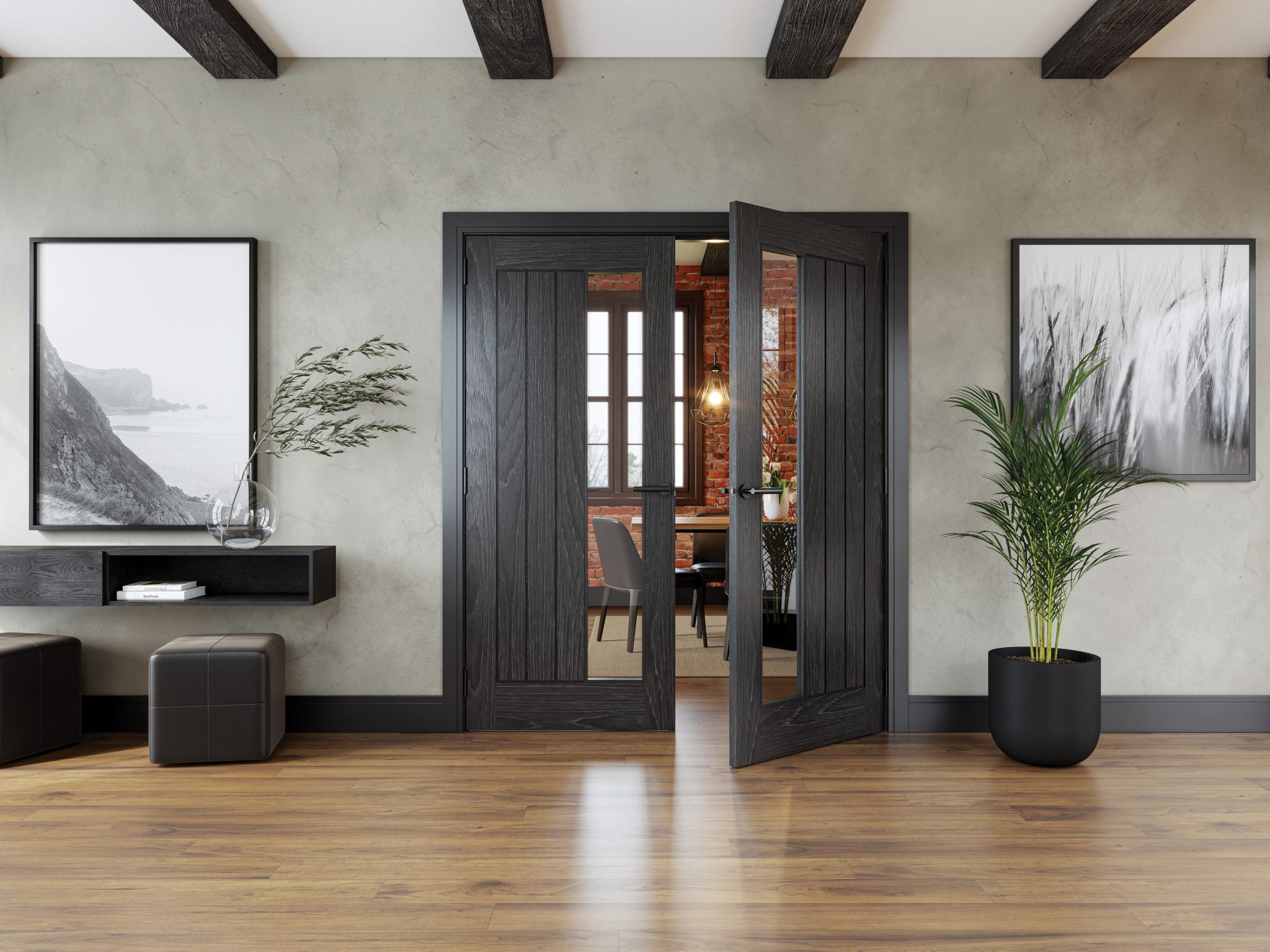 Deanta Ely 1SL Brushed Black Oak Internal Door with Glass