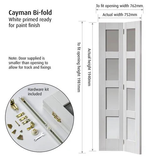 Liberty Cayman Shaker White Primed Glass Internal Bi-fold Door - 1981mm x 762mm (78 inch x 30 inch)